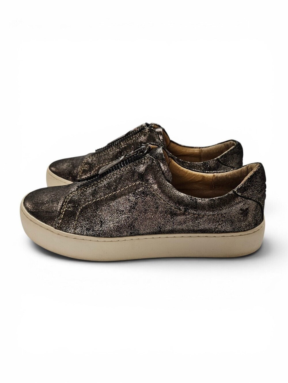 Frye Lena Low Platform Slip-On Leather Sneakers in Pewter And Bronze Size 6.5